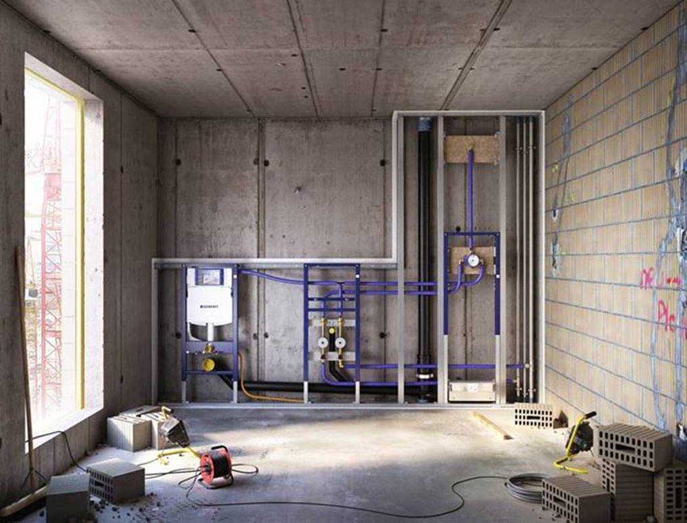 Vorgefertigte Sanitärwand, Installationsstand im Rohbau
