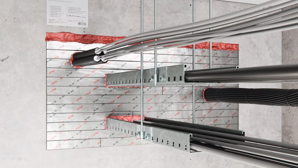 Kabelabschottung: Kabelbündel und Kabeltrassen durch eine Betonwand, mit Brandschutz-Weichschott abgeschottet